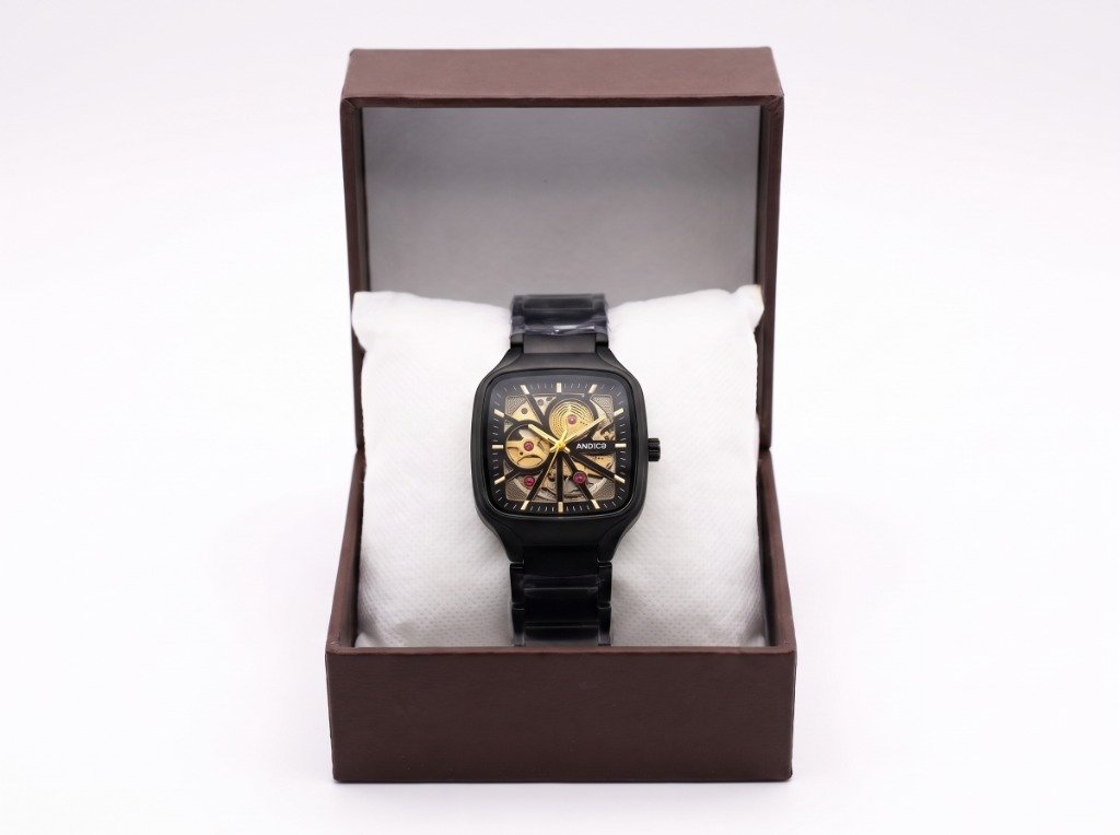 MD Black PVD Cushion Gold Skeleton Watch